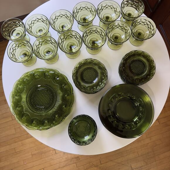 MCM Bartlett Collins Manhattan Green HUGE 46 Piece Lot- Plates Glasses Bowls